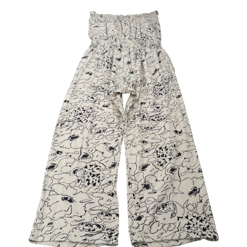 O'Neill Womens Strapless Floral Smocked Wide Leg Jumpsuit Cream Black Size L - Picture 2 of 10